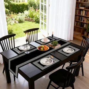 Geometric Greek Key Linen Table Runner Placemat Set Black White Dinner Table Mat Kitchen Dining Decoration
