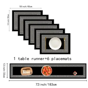 Black Greek key table runner and placemats set, geometric home dining table decor.