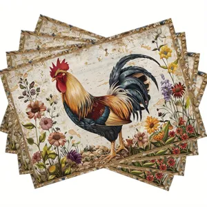 Vintage farmhouse rooster placemat set, rustic country floral dining table mat for home decor.