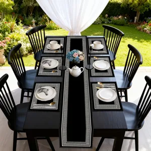 Black geometric Greek key table runner and placemat set for dining table decor and holidays.