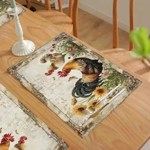 Vintage farmhouse rooster placemat with retro floral design for dining room table decor