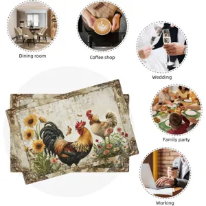 Vintage farmhouse rooster placemats set sunflower floral table mat for dining room decor