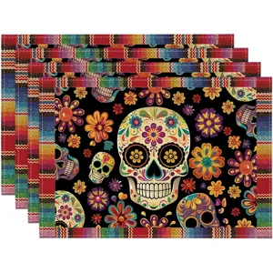 Set di 4 tovagliette americane giorno dei morti teschio messicano fiori colorati