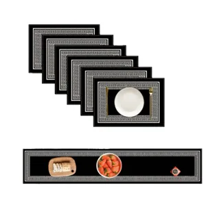 Black and white Greek key pattern placemat and table runner set for modern dining decor.