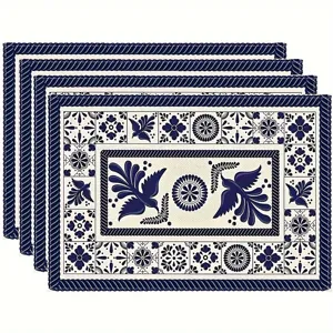 Tovaglietta con motivo piastrella messicana blu bianco, elegante tappetino da tavola floreale uccello.