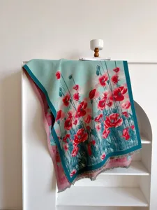 Cozy oil painting floral poppy print shawl, thick warm vintage winter scarf for women.
