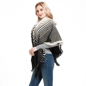 Women winter gradient fringe shawl detail view, cozy warm fashion poncho scarf for cold days.