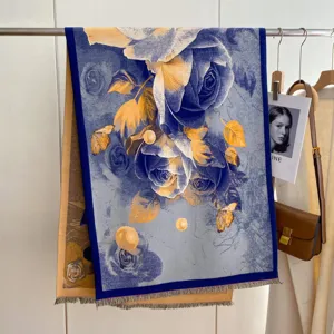 Winter warm blue oil painting rose floral print tassel scarf thick cozy fashion shawl for women