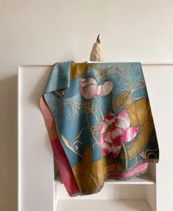 Artistic lotus print thickened winter shawl scarf, warm oil painting style design accessory.