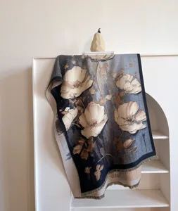 Exquisite oil painting floral print detail view of the thick warm winter shawl scarf.