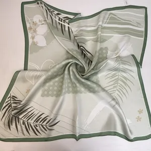 Green botanical oil painting print silk square scarf for women elegant floral accessory