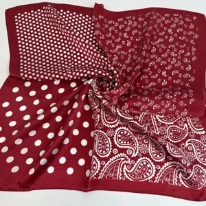 Red silk square scarf featuring elegant polka dot and classic paisley print designs.
