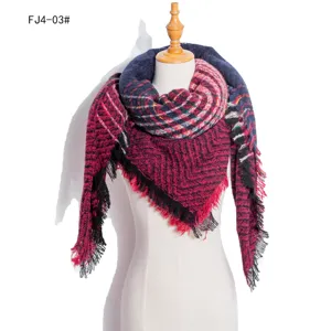 Detailed view of winter thick plaid scarf, gradient tweed tassel wrap, warm fashion accessory.