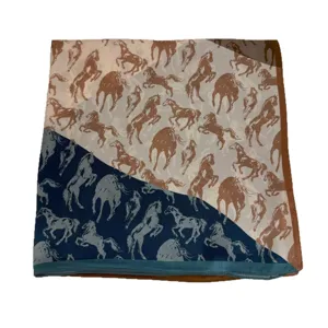Elegant silk square scarf with vintage horse print artistic satin neckerchief for women.