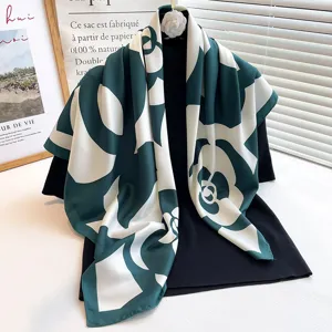 Elegant green white floral print square silk scarf 70cm trendy twill neckerchief for women.