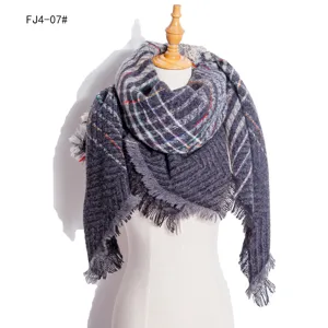 Detailed view of the grey plaid knitted tassel scarf, thick winter wrap for women.