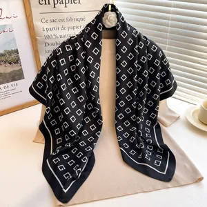 Classic black and white geometric pattern silk feel square scarf for women 70cm trendy neckerchief