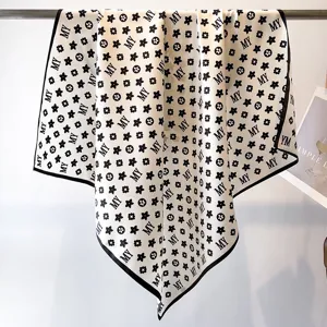 Classic black and white printed square scarf, elegant imitation silk twill neckerchief.
