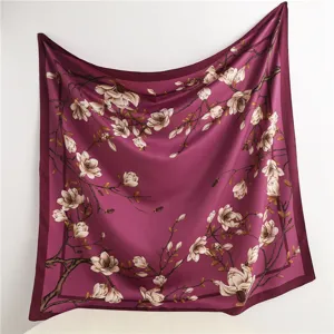 Elegant floral print square silk scarf for women, trendy 70cm imitation silk twill neckerchief.