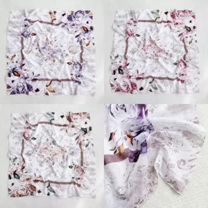 Elegante pañuelo cuadrado de seda con estampado floral para mujer, gran formato y borde láser.