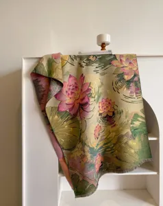 Lotus print artistic oil painting style woven blanket scarf with floral botanical design.