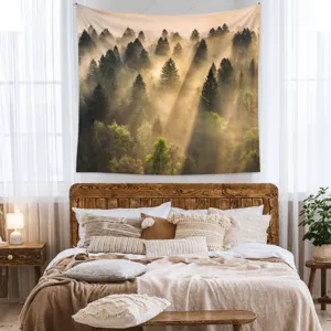 Forest Landscape Tapestry Nature Tree Mist Print Wall Hanging Polyester Blanket For Room Decor Home Aesthetic Wall Art