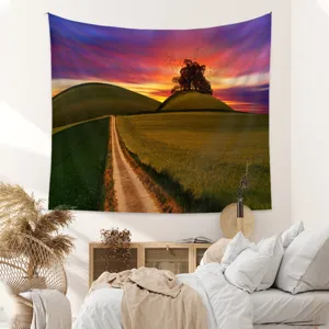 Beautiful landscape tapestry detail showing vibrant sunset colors and winding road design.