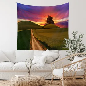 Scenic landscape tapestry featuring a peaceful countryside sunset view for room wall decor.