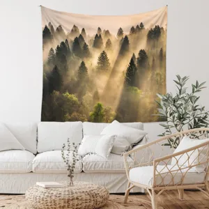 Forest landscape tapestry wall hanging aesthetic nature scenery for bedroom living room decor.