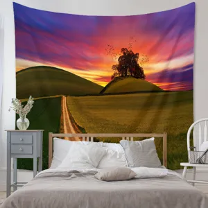 Detailed view of the landscape tapestry hanging in a cozy bedroom scene, vibrant sunset art.