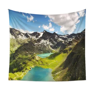 Detailed view of the mountain landscape tapestry showing vibrant print quality and fabric texture.