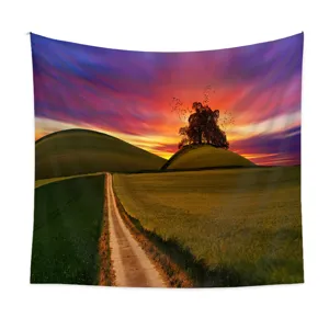 Scenic landscape tapestry detail view, showing vibrant sunset and countryside road pattern.
