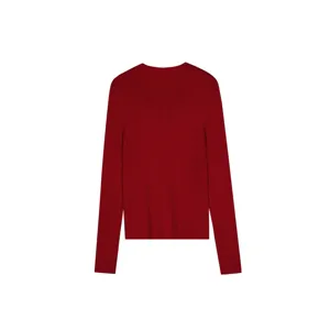 Detailed view of dark red long-sleeve knit sweater with stylish V-neck ribbed detail for women.