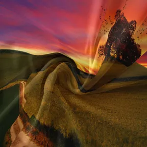 Detailed view of the scenic landscape tapestry featuring a sunset and tree print with soft texture.