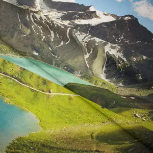 Detailed view of the scenic mountain and lake print fabric tapestry texture showing clear natural landscape.