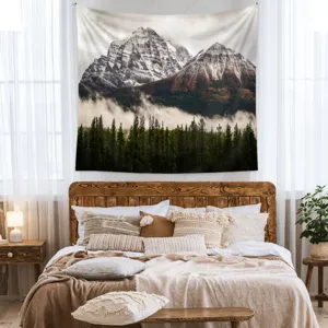 Nature Mountain Snow Forest Tapestry Polyester Wall Hanging Blanket Scenic Backdrop Cloth Backdrop For Living Room Bedroom Decor