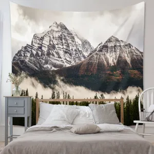 Stunning mountain forest wall tapestry for bedroom decor. High definition scenic fabric hanging.