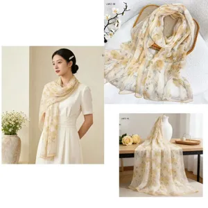 Detail view of a lightweight floral chiffon long scarf, elegant spring summer sun protection drape.