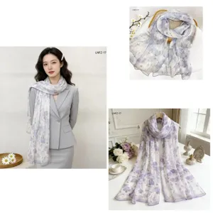 Detailed view of the women's floral print long gauze scarf, soft sheer fabric, spring summer.