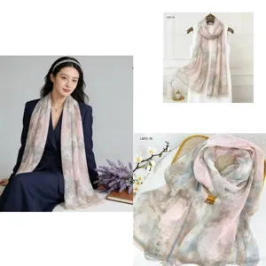 Floral print lightweight long silk scarf for women, perfect spring summer sun protection drape.