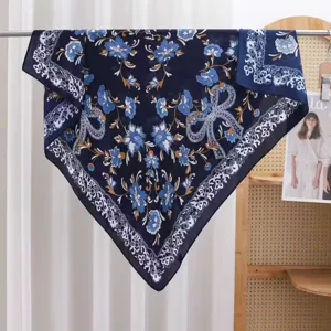 Floral print satin square scarf for women, elegant blue 90cm lightweight head wrapshawl.