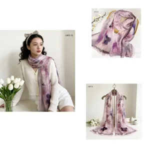 Detailed view of floral gradient chiffon scarf, elegant spring summer sun protection shawl.