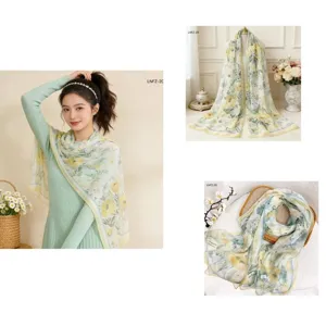Floral chiffon long scarf for women, elegant sun protection gauze for spring and summer travel.