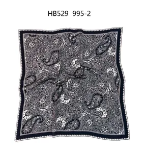 Silk feel paisley print square scarf, elegant black and white women satin neckerchief.
