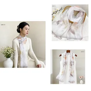 Elegant floral chiffon long scarf for women, lightweight spring and summer sun protection shawl.