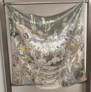Silk square scarf detail, luxury equestrian carriage print, 90x90 botanical chic wrap.