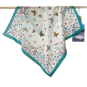 Cotton floral square scarf with contrasting green border, vintage butterfly print neckerchief.