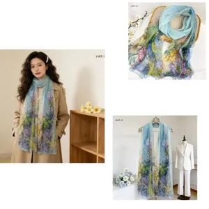 Blue floral print long chiffon scarf for women, lightweight spring summer sun protection wrap.