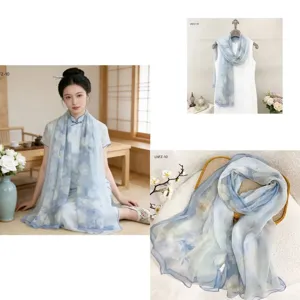 Blue floral silk scarf women lightweight gauze long scarf summer sun protection fashion wrap