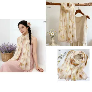 Detailed view of women's floral chiffon long scarf, elegant sun-protection shawl.
